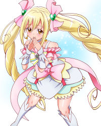 Rule 34 | 1girl, absurdres, bad id, bad pixiv id, bike shorts, bike shorts under skirt, blonde hair, boots, bow, choker, cure echo, earrings, hair ornament, hair ribbon, heart, heart hair ornament, highres, jewelry, knee boots, long hair, looking at viewer, magical girl, pink bow, pink ribbon, precure, precure all stars new stage: mirai no tomodachi, ribbon, sakagami ayumi, sharumon, shiny skin, shorts, shorts under skirt, skirt, smile, solo, standing, star (symbol), star earrings, steepled fingers, twintails, waist bow, white choker, white footwear, white legwear, white skirt, wrist cuffs, yellow eyes