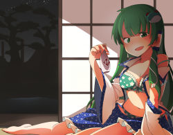 Rule 34 | 1girl, :d, aqua bra, aqua panties, bare shoulders, barefoot, blue skirt, blush, bra, breasts, cleavage, collarbone, commentary request, detached sleeves, frilled skirt, frills, frog hair ornament, hair ornament, holding, jagabutter, kochiya sanae, long hair, long sleeves, looking at viewer, medium breasts, navel, night, night sky, nontraditional miko, open mouth, panties, print bra, print panties, print skirt, shirt, shouji, sitting, skirt, sky, sleeveless, sleeveless shirt, sliding doors, smile, snake hair ornament, solo, star (sky), star (symbol), star print, starry sky, stomach, thighs, tokkuri, touhou, underwear, white shirt, wide sleeves