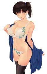 Rule 34 | 1girl, bare shoulders, black thighhighs, blush, bra, breasts, brown eyes, brown hair, cleavage, collarbone, highres, kaga (kancolle), kantai collection, large breasts, long hair, looking at viewer, navel, open mouth, panties, revision, side ponytail, solo, thighhighs, thighs, underwear, wa (genryusui), white background, white bra, white panties