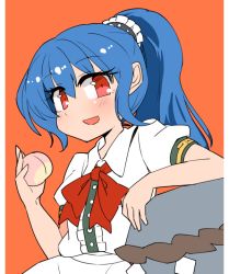 Rule 34 | 1girl, blue hair, bow, food, fruit, hinanawi tenshi, ini (inunabe00), keystone, long hair, looking at viewer, no headwear, no headwear, open mouth, peach, ponytail, puffy short sleeves, puffy sleeves, red bow, red eyes, short sleeves, solo, touhou