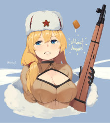 Rule 34 | 1girl, blonde hair, blue background, blue eyes, bolt action, breasts, chicken nuggets, cleavage, cleavage cutout, clothing cutout, commentary, fur hat, girls&#039; frontline, gloves, gun, hair between eyes, hair tie, hat, highres, kion-kun, large breasts, long hair, mod3 (girls&#039; frontline), mosin-nagant, mosin-nagant (girls&#039; frontline), mosin-nagant (mod3) (girls&#039; frontline), rifle, solo, twitter username, upper body, ushanka, water drop, weapon
