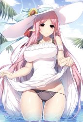 Rule 34 | 1girl, absurdres, black panties, blue sky, bow, breasts, cleavage, closed mouth, clothes lift, cloud, cloudy sky, cowboy shot, crotch seam, day, dress, dress lift, flower, gluteal fold, groin, hair bow, hat, hat flower, hat ribbon, highres, large breasts, lens flare, lifting own clothes, lingerie, looking at viewer, lowleg, lowleg panties, minamon (vittel221), original, outdoors, palm tree, panties, pink hair, pointy ears, red bow, red eyes, ribbon, side-tie panties, sky, smile, solo, standing, string panties, sun hat, sundress, thighs, tree, underwear, wading, water, wet, wet clothes, wet dress, white dress, white hat