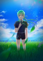 Rule 34 | 1other, androgynous, bad id, bad pixiv id, blue sky, cloud, day, enzou, gem uniform (houseki no kuni), grass, green eyes, green hair, highres, houseki no kuni, jade (houseki no kuni), leaf, long hair, looking at viewer, necktie, outdoors, ponytail, scenery, sky, solo, sparkle