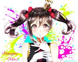 Rule 34 | 1girl, bad id, bad pixiv id, black hair, blush, bow, closed mouth, crown, floating hair, gloves, hair between eyes, hair bow, long hair, love live!, love live! school idol project, mini crown, necktie, niro (sikabanekurui), paint splatter, red bow, red eyes, red necktie, sleeveless, smile, solo, twintails, upper body, white background, white gloves, yazawa nico