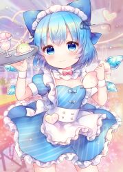 Rule 34 | 1girl, :3, alternate costume, apron, blue bow, blue dress, blue eyes, blue hair, blush, bow, cirno, closed mouth, coa (chroo x), commentary request, cowboy shot, detached wings, dress, enmaided, fairy, hair between eyes, hair bow, highres, holding, holding tray, ice, ice wings, maid, maid apron, maid headdress, puffy short sleeves, puffy sleeves, short hair, short sleeves, solo, touhou, tray, waist apron, white apron, wings