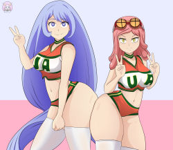 Rule 34 | 2girls, absurdres, artist name, ass, ass-to-ass, bare shoulders, blue eyes, blue hair, boku no hero academia, breasts, cheerleader, choker, curvy, goggles, goggles on head, hadou nejire, hannyasan, hatsume mei, highres, huge ass, large breasts, long hair, looking at viewer, matching hair/eyes, medium breasts, midriff, multiple girls, navel, pink hair, sleeveless, smile, stomach, thick thighs, thighhighs, thighs, u.a. cheerleader uniform, v, very long hair, watermark, white legwear, wide hips, yellow eyes