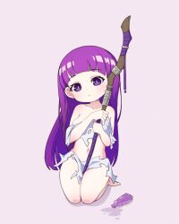 Rule 34 | 1girl, barefoot, chibi, dissolving clothes, feet, fern (sousou no frieren), highres, holding, holding staff, l.eleven, long hair, looking at viewer, potion, purple background, purple eyes, purple hair, seiza, simple background, sitting, solo, sousou no frieren, staff, wooden staff
