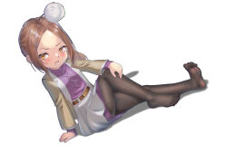 Rule 34 | 1girl, absurdres, blush, brown hair, feet, hand on own knee, highres, long hair, looking at viewer, open mouth, pantyhose, shuiyue fengnan, soles, toes