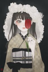 Rule 34 | 1girl, black background, black hair, brown kimono, closed mouth, commentary request, covering one eye, ear piercing, earrings, expressionless, flower, floral border, flower earrings, grey eyes, grey nails, hand up, highres, holding, holding flower, japanese clothes, jewelry, kimono, long hair, long sleeves, looking at viewer, nail polish, obi, obiage, obijime, one eye covered, original, outside border, piercing, plaid sash, print kimono, red flower, red tulip, sash, seal impression, solo, standing, tulip, upper body, ushiyama ame, white flower, wide sleeves