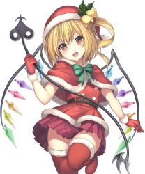 Rule 34 | 1girl, :d, bell, belt, blonde hair, blush, boots, bow, bowtie, brown belt, capelet, commentary request, cowboy shot, crystal, dress, fang, flandre scarlet, fur-trimmed boots, fur-trimmed gloves, fur trim, gloves, green bow, green bowtie, hair bell, hair between eyes, hair ornament, hand up, hat, head tilt, highres, holding, janne cherry, laevatein, long hair, looking at viewer, miniskirt, one side up, open mouth, pleated dress, pom pom (clothes), red capelet, red eyes, red footwear, red gloves, red hat, red shirt, red skirt, santa costume, santa hat, shirt, simple background, skirt, smile, solo, standing, standing on one leg, thigh boots, thighhighs, thighs, touhou, white background, wings, zettai ryouiki