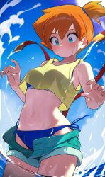 Rule 34 | 1girl, bare shoulders, blue eyes, blush, breasts, creatures (company), denim, denim shorts, game freak, highres, kashu (hizake), medium breasts, misty (pokemon), navel, nintendo, open clothes, open shorts, orange hair, pokemon, pokemon (anime), pokemon sm042, pokemon sm (anime), short hair, shorts, side ponytail, solo, thighs