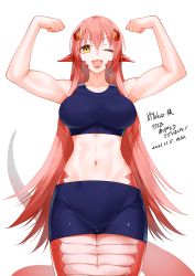 Rule 34 | bare shoulders, collarbone, commission, commissioner upload, dated, flexing, forked tongue, hair between eyes, hair ornament, highres, lamia, long hair, midriff, miia (monster musume), miniskirt, monster girl, monster musume no iru nichijou, navel, one eye closed, pointy ears, red hair, scales, shiny skin, sidelocks, skeb commission, skirt, slit pupils, solo, sports bra, sportswear, tongue, tongue out, waka (shark waka), white background, yellow eyes