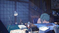 Rule 34 | 1girl, claw hammer, crossed arms, desk, green hair, hammer, hatsune miku, highres, indoors, lamp, long hair, pen, sitting, sleeping, sleeveless, solo, two side up, vocaloid, zhayin-san