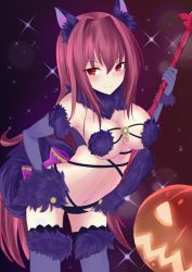 Rule 34 | 1girl, animal costume, animal ears, black gloves, black legwear, blush, breasts, cleavage, cosplay, elbow gloves, fate/grand order, fate (series), gae bolg (fate), gloves, hair down, highres, holding, holding weapon, jack-o&#039;-lantern, kesoshirou, large breasts, long hair, looking at viewer, mash kyrielight, mash kyrielight (dangerous beast), mash kyrielight (dangerous beast) (cosplay), navel, official alternate costume, purple hair, red eyes, scathach (fate), shielder (fate/grand order) (cosplay), smile, solo, tail, weapon, wolf ears, wolf tail