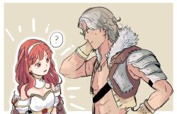Rule 34 | 1boy, 1girl, ?, abs, armor, atlas (fire emblem), bare shoulders, blush, breastplate, breasts, brown background, cape, celica (fire emblem), cleavage, fire emblem, fire emblem echoes: shadows of valentia, fur trim, grey hair, hairband, jewelry, necklace, nintendo, open mouth, red eyes, red hair, topless male, simple background, toned, toned male, upper body