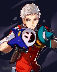 Rule 34 | 1boy, bandaid, bandaid on face, bandaid on forehead, black ribbon, buttons, collared shirt, commentary, english commentary, evoker, fighting stance, gloves, grey hair, gzei, hands up, highres, jack frost (megami tensei), looking at viewer, male focus, neck ribbon, parted lips, persona, persona 3, persona 3 reload, pyro jack, red sweater vest, ribbon, sanada akihiko, shirt, short hair, sleeves rolled up, solo, sweater vest, twitter username, upper body, very short hair, white shirt