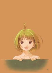 Rule 34 | 1girl, :d, antenna hair, artist name, collarbone, female focus, green hair, highres, kobayashi yuji, looking at viewer, nude, open mouth, orange eyes, short hair, signature, simple background, smile, solo, upper body