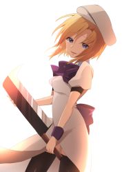 Rule 34 | 1girl, absurdres, back bow, black thighhighs, blonde hair, blue eyes, bow, bowtie, crying, dress, front slit, hair between eyes, highres, higurashi no naku koro ni, holding, holding weapon, looking at viewer, medium hair, nami (snow), open mouth, purple bow, purple bowtie, ryuuguu rena, shiny clothes, shiny legwear, short sleeves, simple background, solo, standing, tears, thighhighs, weapon, white background, white dress