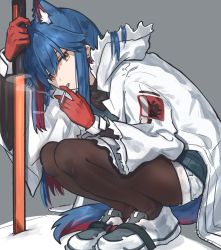 Rule 34 | 1girl, animal ear fluff, animal ears, arknights, blue hair, brown pantyhose, cigarette, ear piercing, fox ears, fox girl, fox tail, gloves, highres, holding, holding sword, holding weapon, hood, hood down, hooded jacket, jacket, jitome, long hair, long sleeves, looking at viewer, mabing, mouth hold, pantyhose, piercing, planted, planted sword, planted weapon, red gloves, shoes, shorts, smoke, smoking, solo, squatting, sword, tail, texas (arknights), texas (winter messenger) (arknights), weapon, white footwear, white jacket, white shorts, yellow eyes