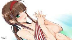 Rule 34 | breasts, brown hair, heterochromia, one-piece swimsuit, ryoubi (senran kagura), senran kagura, striped clothes, striped one-piece swimsuit, swimsuit, yaegashi nan