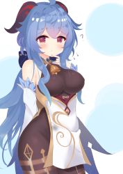 Rule 34 | 1girl, ahoge, applemint, bell, black bodysuit, blue hair, bodysuit, commentary request, covered erect nipples, detached sleeves, ganyu (genshin impact), genshin impact, hair between eyes, highres, horns, long hair, looking at viewer, neck bell, no gloves, pointing, pointing at self, red eyes, sidelocks, simple background, solo, two-tone background