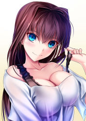 Rule 34 | 1girl, akeyama kitsune, alternate costume, aozaki aoko, bare shoulders, blue eyes, blush, breasts, brown hair, cleavage, closed mouth, collarbone, commentary request, fingernails, hair between eyes, hair intakes, large breasts, long hair, looking at viewer, mahou tsukai no yoru, shirt, short sleeves, smile, solo, upper body, white shirt