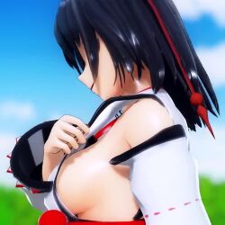 Rule 34 | 1girl, 3d, animated, black hair, blurry, blurry background, breasts, clothes pull, cloud, hat, jiggle, large breasts, looking at viewer, medium hair, mofumoko5, naughty face, no bra, outdoors, red eyes, seductive smile, shameimaru aya, sideboob, sky, smile, solo, tagme, teasing, touhou, upper body, video