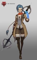 1girl badge blue_hair boots bow_(weapon) brown_footwear brown_gloves brown_jacket brown_shorts character_name closed_mouth commentary copyright_logo copyright_name crossbow english_commentary eyelashes full_body gloves glowing glowing_hand grey_background grey_socks hand_up highres jacket kneehighs long_hair may_marigold official_art open_clothes open_jacket ponytail rwby shirt shorts signature simple_background socks standing uyalago weapon white_shirt yellow_eyes