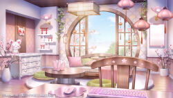 Rule 34 | architecture, artist name, branch, cherry blossoms, cloud, couch, cushion, day, drawer, east asian architecture, flower, fox mask, highres, indie virtual youtuber, indoors, kagura ura, keyboard (computer), lamp, lantern, mask, mirror, mouse (computer), mousepad (object), no humans, official art, open window, paper lantern, pink flower, plant, potted plant, round window, rug, scenery, shelf, shouji, sliding doors, stuffed fox, sugawa mako, table, tassel, themed object, torii, unworn mask, vase, vines, wall lamp, window, wooden chair, wooden floor