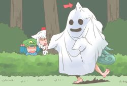 Rule 34 | 3girls, aqua hair, barefoot, behind tree, blue hair, bush, commentary request, ghost costume, grass, hair bobbles, hair ornament, halloween, halloween costume, hat, hiding, horns, inubashiri momiji, kawashiro nitori, komano aunn, long hair, long sleeves, multiple girls, onikobe rin, open mouth, outdoors, outstretched arms, shaded face, short hair, single horn, tail, tan, tanline, tokin hat, touhou, tree, two side up, very long hair, white hair