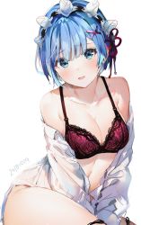 Rule 34 | 10s, 1girl, 2018, bare shoulders, blue eyes, blue hair, blunt bangs, blush, bra, breasts, cleavage, collarbone, collared shirt, commentary request, dated, dress shirt, hair ornament, hair ribbon, hairband, head tilt, highres, lace, lace-trimmed bra, lace trim, long sleeves, looking at viewer, maid, maid headdress, medium breasts, off shoulder, open clothes, open mouth, open shirt, pink ribbon, purple bra, purple ribbon, re:zero kara hajimeru isekai seikatsu, rem (re:zero), ribbon, shirt, short hair, simple background, sitting, solo, thighs, umibouzu (niito), underwear, upper body, white background, white shirt, x hair ornament