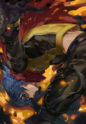 Rule 34 | 1boy, black pants, blue hair, fire, highres, jacket, krohnen, pants, the king of fighters, the king of fighters xv, yellow jacket