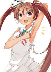 Rule 34 | 10s, 1girl, armpits, bad id, bad pixiv id, brown eyes, brown hair, dark-skinned female, dark skin, dress, fang, kankitsunabe (citrus), kantai collection, libeccio (kancolle), long hair, open mouth, presenting armpit, sailor dress, solo, twintails