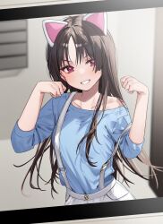 Rule 34 | 1girl, animal ears, blue shirt, blurry, blurry background, blush, breasts, brown hair, cat ears, chigusa minori, clenched teeth, collarbone, commentary request, cowboy shot, fake animal ears, highres, indoors, jitsuha imouto deshita., long hair, looking at viewer, medium breasts, nishiyama kazusa, parted bangs, paw pose, red eyes, second-party source, shirt, single bare shoulder, single off shoulder, smile, solo, strap slip, suspenders, teeth