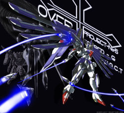 Rule 34 | beam, beam saber, black background, blue eyes, energy sword, full body, gundam, holding, holding sword, holding weapon, looking to the side, mecha, no humans, original, robot, simple background, sword, symbol, unsheathed, weapon, wings