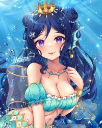 Rule 34 | 1girl, alternate hairstyle, aqua bikini, artist name, artist request, back bow, bare shoulders, bikini, blue hair, blush, bow, bracelet, breasts, bubble, cleavage, close-up, collarbone, crown, curly hair, double bun, earrings, female focus, fins, frilled bikini, frills, gem, gold bracelet, hair between eyes, hair bow, hair bun, hair ornament, head fins, jewelry, long hair, looking at viewer, love live!, love live! school idol festival, love live! sunshine!!, matsuura kanan, medium breasts, mini crown, necklace, parted lips, pearl (gemstone), puffy short sleeves, puffy sleeves, purple eyes, shell, shell earrings, short sleeves, smile, solo, sparkle, star (symbol), star hair ornament, swimsuit, underwater, upper body, white bow