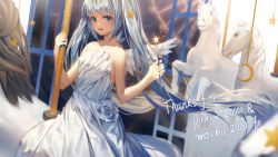 Rule 34 | 1girl, :d, bare arms, bare shoulders, blue eyes, blue hair, carousel, chinese commentary, collarbone, commentary, crescent, dress, english commentary, eyebrows hidden by hair, flower, glowing, hands up, hatsune miku, highres, holding, holding wand, horse, horseback riding, indoors, ji dao ji, long hair, milestone celebration, mixed-language commentary, night, night sky, open mouth, riding, rose, sidelocks, sky, smile, solo, star (symbol), strapless, strapless dress, teeth, twintails, upper teeth only, very long hair, vocaloid, wand, white dress, white flower, white rose