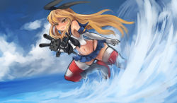 Rule 34 | 10s, 1girl, arceonn, black panties, blonde hair, brown eyes, elbow gloves, flat chest, gloves, hair ribbon, hairband, highleg, highleg panties, kantai collection, long hair, microskirt, midriff, navel, ocean, panties, personification, red thighhighs, rensouhou-chan, ribbon, sailor collar, shimakaze (kancolle), skirt, solo, striped clothes, striped thighhighs, thighhighs, underwear, waves, white gloves, x x