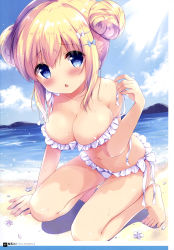Rule 34 | 1girl, :o, absurdres, amedamacon, areola slip, arm support, artist name, bare legs, barefoot, beach, bikini, blonde hair, blue bow, blue eyes, blue sky, blush, body blush, bow, bow bikini, breasts, cloud, cloudy sky, collarbone, day, dengeki moeou, double bun, embarrassed, eyes visible through hair, flower, flower request, framed image, frilled bikini, frills, hair between eyes, hair bow, hair bun, highres, large breasts, minibow, mountain, nail polish, navel, official art, original, outdoors, page number, petals, pink nails, sand, scan, side-tie bikini bottom, sky, solo, sunlight, swimsuit, toes, tongue, untied bikini, wardrobe malfunction, water, wet, white background, white bow, white flower, white frills