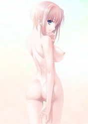 Rule 34 | 00s, 1girl, ass, back, blonde hair, blue eyes, breasts, from behind, gradient background, large breasts, looking at viewer, looking back, mink (company), nanase ren, nipples, nude, pink hair, profile, ren no koi, santa matsuri, short hair, sideways mouth, simple background, solo, yakin byoutou