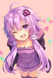 Rule 34 | 1girl, ;d, ahoge, blush, collarbone, dress, eyebrows, from above, hair ornament, highres, hood, hoodie, hopepe, long hair, one eye closed, open mouth, purple dress, purple eyes, purple hair, purple thighhighs, smile, solo, strapless, strapless dress, teeth, thighhighs, tube dress, twintails, vocaloid, voiceroid, yuzuki yukari