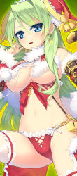 Rule 34 | 1girl, bell, blue eyes, blush, bow, breasts, character request, cleavage, detached sleeves, earrings, green hair, hair ornament, hat, jewelry, kashiwamochi yomogi, key, large breasts, lock, long hair, looking at viewer, midriff, navel, panties, red panties, santa hat, sengoku collection, smile, thighhighs, underboob, underwear, white thighhighs