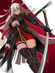 Rule 34 | 1girl, ahoge, arm guards, asha, black bow, black coat, bow, breasts, cleavage, cleavage cutout, closed mouth, clothing cutout, coat, commentary request, dark-skinned female, dark skin, dutch angle, fate/grand order, fate (series), grey eyes, hair between eyes, hair bow, high collar, highres, holding, holding sword, holding weapon, katana, koha-ace, large breasts, long hair, looking at viewer, okita souji, okita souji (fate), okita souji (koha-ace), okita souji alter (fate), scabbard, sheath, silver hair, solo, standing, sword, tan, tassel, thigh strap, thighhighs, very long hair, weapon, zettai ryouiki