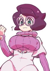 Rule 34 | 1girl, blush, breasts, chacha (ss 5087), closed mouth, commentary request, covered erect nipples, creatures (company), flying sweatdrops, game freak, glasses, green eyes, hand up, large breasts, long sleeves, nintendo, pink-framed eyewear, pokemon, pokemon sm, purple hair, purple sweater, ribbed sweater, short hair, simple background, smile, solo, sweater, turtleneck, turtleneck sweater, white background, wicke (pokemon)