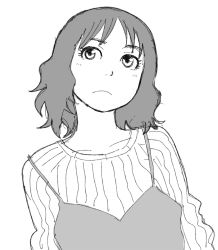 Rule 34 | 1girl, camisole, frown, greyscale, looking up, monochrome, naotan, original, short hair, sweater, wavy hair