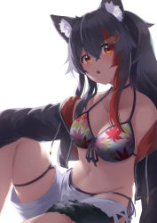 1girl, :o, animal ears, arm rest, bangs, bell, bikini, black collar, black hair, black jacket, blush, breasts, collar, collarbone, enatsu, eyebrows visible through hair, front-tie bikini, front-tie top, groin, hair between eyes, hair ornament, hairclip, halterneck, highlights, highres, hololive, jacket, knee up, leaf print, long hair, looking at viewer, medium breasts, multicolored hair, navel, neck bell, ookami mio, open clothes, open jacket, open mouth, orange eyes, shorts, side-tie bikini, simple background, solo, swimsuit, tail, thigh strap, virtual youtuber, white background, white bikini, white shorts, wolf ears, wolf girl, wolf tail