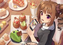 Rule 34 | 1boy, 1girl, black pantyhose, black sweater, blunt bangs, blush, breasts, brown hair, cake, cellphone, checkered floor, chocolate, commentary, cookie, crepe, dessert, dress shirt, drill hair, food, from above, from side, fruit, holding, holding food, holding phone, holding spoon, ice cream, idolmaster, idolmaster million live!, idolmaster million live! theater days, jewelry, kamille (vcx68), light blush, long hair, looking at viewer, looking to the side, looking up, lower teeth only, macaron, medium breasts, nail polish, neck ribbon, open mouth, pantyhose, pastry, phone, pink nails, plate, pleated skirt, pov, pov hands, purple eyes, purple skirt, red ribbon, revision, ribbon, ring, school uniform, shirt, sidelocks, sitting, skirt, smartphone, solo focus, spoon, strawberry, surprised, sweater, taking picture, teeth, thief, tile floor, tiles, twin drills, whipped cream, white shirt, yokoyama nao