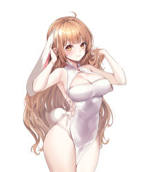 Rule 34 | 1girl, absurdres, ahoge, animal ears, armpits, arms up, bare arms, bare hips, bare shoulders, blonde hair, blunt bangs, blush, breasts, brown hair, cleavage, cleavage cutout, closed mouth, clothing cutout, covered navel, dress, hands in hair, highres, large breasts, lillly, looking at viewer, original, pelvic curtain, rabbit ears, rabbit girl, rabbit tail, skindentation, smile, solo, tail, thighs, wavy hair, white dress