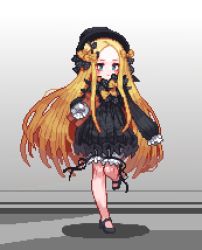 1girl abigail_williams_(fate) black_dress black_hat blonde_hair bloomers blue_eyes bow commentary_request dress fate/grand_order fate_(series) female_focus forehead full_body hair_bow hands_in_opposite_sleeves hat long_hair long_sleeves looking_at_viewer parted_bangs pixel_art solo standing standing_on_one_leg stuffed_animal stuffed_toy teddy_bear terishe underwear very_long_hair white_bloomers