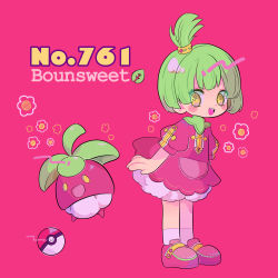 Rule 34 | 1girl, bloomers, bounsweet, character name, creatures (company), dress, flower, full body, game freak, gen 7 pokemon, green hair, highres, moemon, narumame, nintendo, open mouth, personification, pink background, pink footwear, pocket, poke ball, poke ball (basic), pokedex number, pokemon, pokemon (creature), shoes, short hair, simple background, smile, standing, underwear, yellow eyes